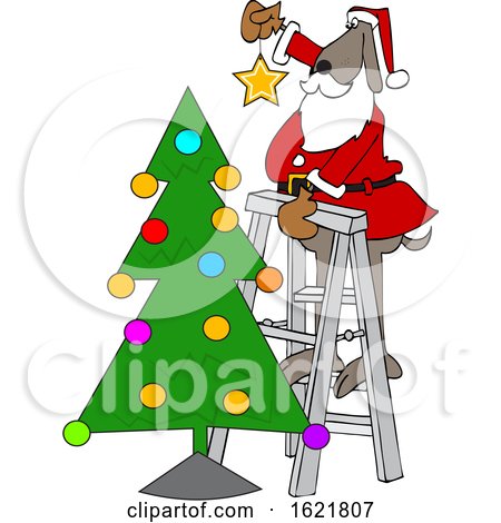 Cartoon Santa Dog Putting a Star on Top of a Christmas Tree by djart