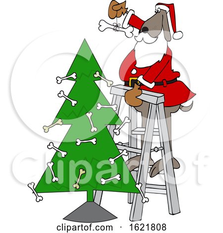Cartoon Santa Dog Putting a Bone on Top of a Christmas Tree by djart