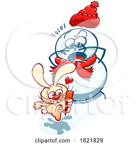 Cartoon Naughty Bunny Rabbit Stealing the Carrot Nose off of a Snowman by Zooco