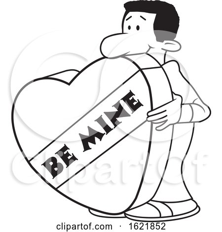 Cartoon Black Man with a Giant Be Mine Valentines Day Heart in Black and White by Johnny Sajem