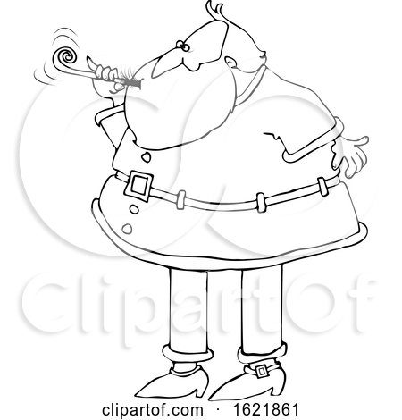 Cartoon Black and White Christmas Santa Claus Blowing a New Years Noise Maker by djart