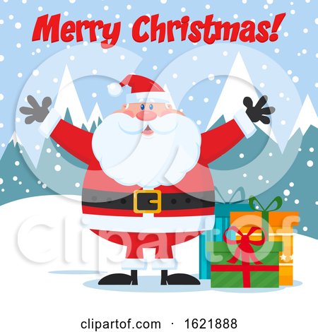 Closeup of Santa Claus with Gifts in the Snow Under a Merry Christmas Greeting by Hit Toon
