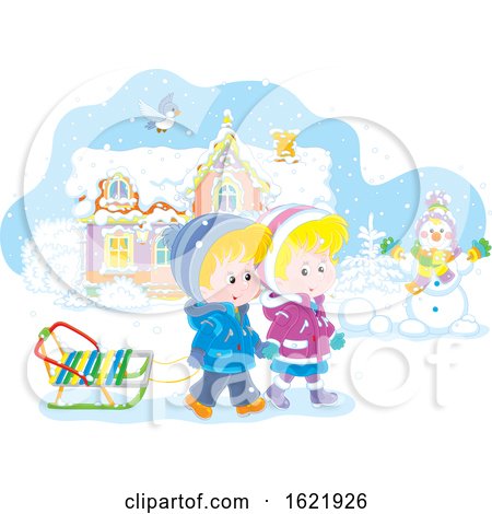 Caucasian Boy and Girl Holding Hands and Walking with a Sled by Alex Bannykh