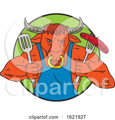 Bull Holding Barbecue Sausage Drawing Color by patrimonio