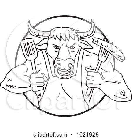 Longhorn Bull Holding Barbecue Sausage Drawing Black and White by patrimonio