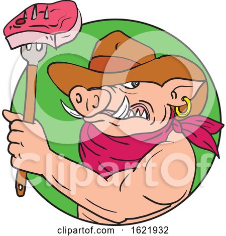 Cowboy Hog Holding Barbecue Steak Drawing Color by patrimonio
