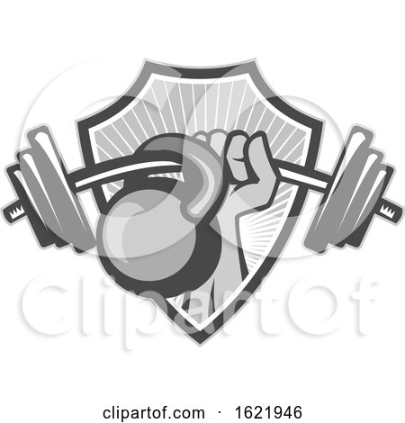 Retro Weightlifter Hand with a Barbell and Kettlebell in a Shield in Grayscale by patrimonio
