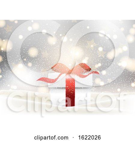 Christmas Gift Background with Glossy Red Bow Nestled in Snow by KJ Pargeter