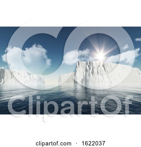 3D Icebergs Against Blue Sky with Fluffy White Clouds by KJ Pargeter