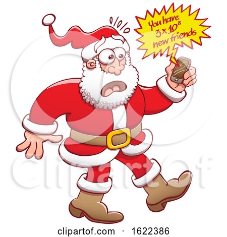 Cartoon Santa Claus Looking at His Cell Phone and Seeing Lots of New Friends on Social Media by Zooco