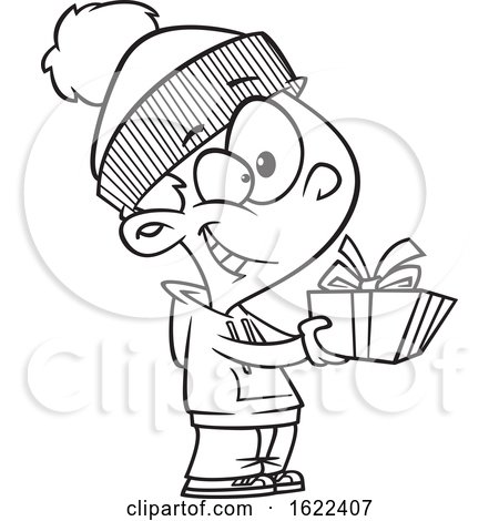 Clipart of a Cartoon Black and White Boy Giving a Christmas Gift - Royalty  Free Vector Illustration by toonaday #1622407