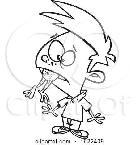 Clipart of a Cartoon Black and White  Boy with a Frog in His Throat - Royalty Free Vector Illustration by toonaday