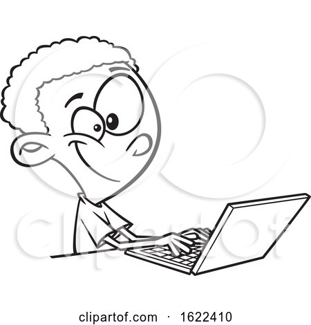 Clipart of a Cartoon Black and White  Black Boy Using a Laptop - Royalty Free Vector Illustration by toonaday