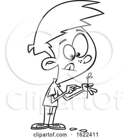 Clipart of a Cartoon Black and White  Boy Plucking Petals from a Flower - Royalty Free Vector Illustration by toonaday