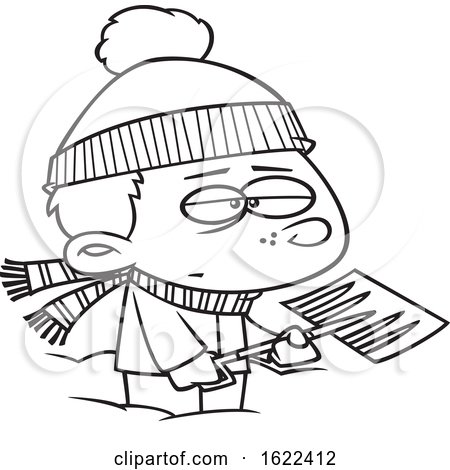 Clipart of a Cartoon Black and White  Grumpy Boy Shoveling Snow - Royalty Free Vector Illustration by toonaday