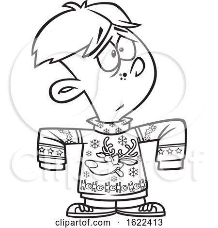 Clipart of a Cartoon Black and White  Boy Wearing a Big Rudolph Christmas Sweater - Royalty Free Vector Illustration by toonaday