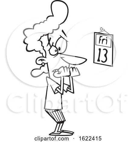 Clipart of a Cartoon Outline Woman Biting Her Nails and Looking at a Friday the 13th Calendar - Royalty Free Vector Illustration by toonaday