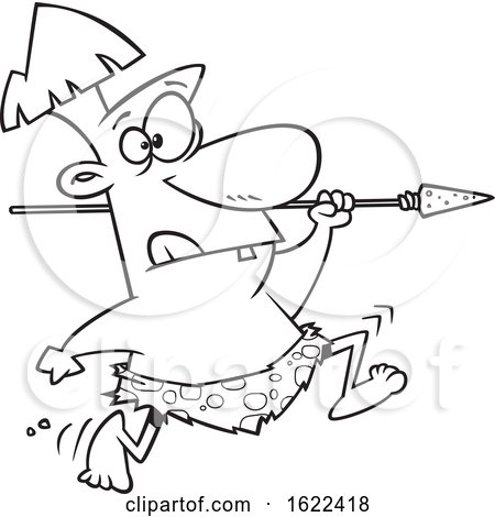 Clipart of a Cartoon Outline Caveman Hunter Running with a Spear - Royalty Free Vector Illustration by toonaday