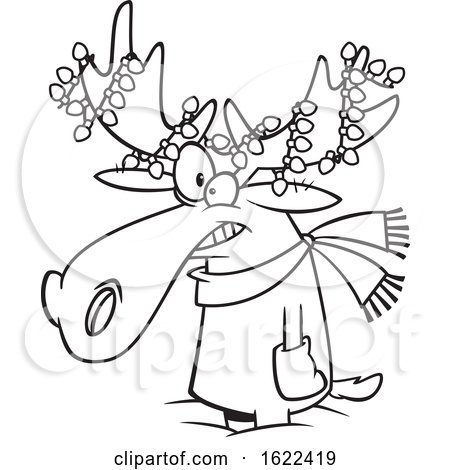 Clipart of a Cartoon Outline Christmas Moose with Lights - Royalty Free Vector Illustration by toonaday