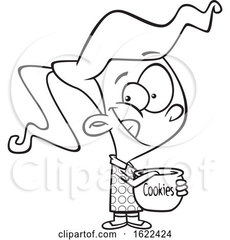Clipart of a Cartoon Outline Girl Reaching in a Cookie Jar - Royalty Free Vector Illustration by toonaday