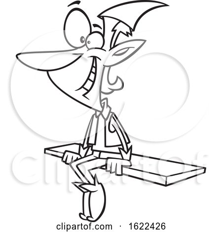Clipart of a Cartoon Outline Christmas Elf Sitting on a Shelf - Royalty Free Vector Illustration by toonaday