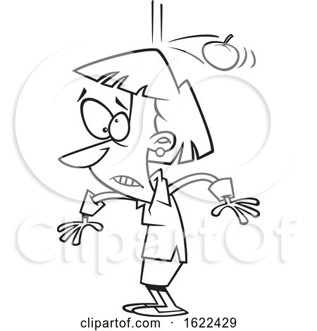 Clipart of a Cartoon Outline Woman Being Bonked on the Head by a Falling Apple - Royalty Free Vector Illustration by toonaday