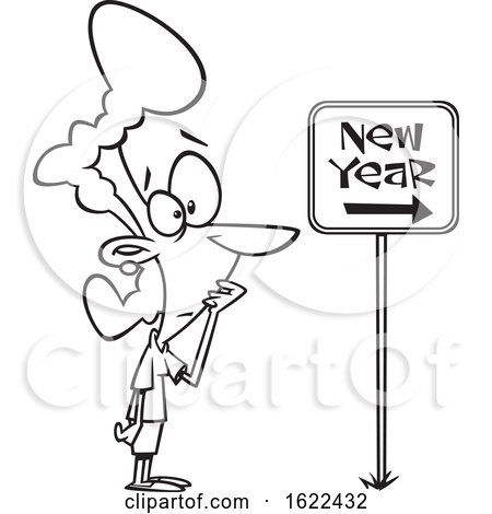 Clipart of a Cartoon Outline Nervous Woman Looking at a New Year Ahead Sign - Royalty Free Vector Illustration by toonaday