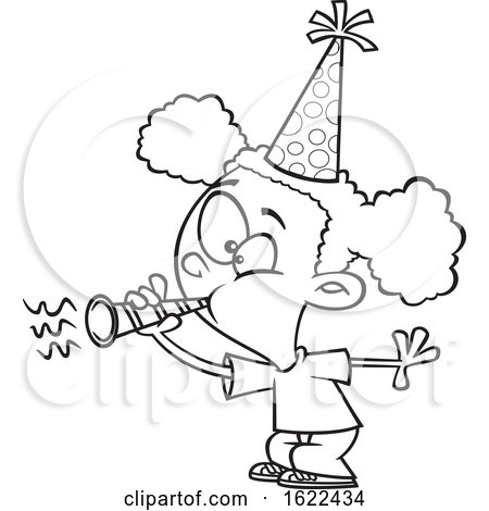 Clipart of a Cartoon Outline Black Girl Blowing a Party Horn - Royalty Free Vector Illustration by toonaday