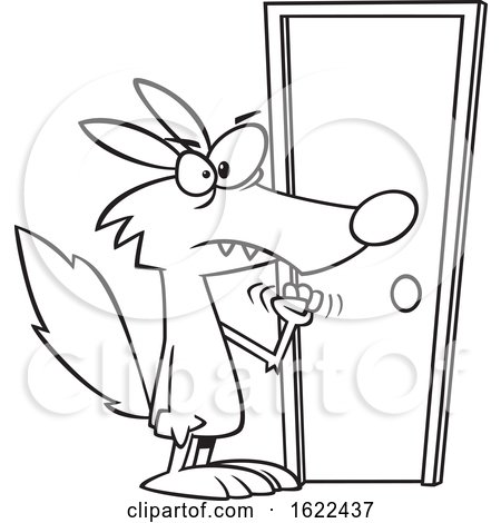Clipart of a Cartoon Outline Wolf Knocking on a Door - Royalty Free Vector Illustration by toonaday