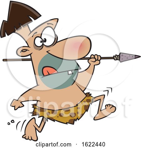 Clipart of a Cartoon Caveman Hunter Running with a Spear - Royalty Free Vector Illustration by toonaday