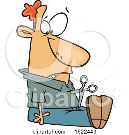 Clipart of a Cartoon Man Stabbed with Consequence Scissors - Royalty Free Vector Illustration by toonaday