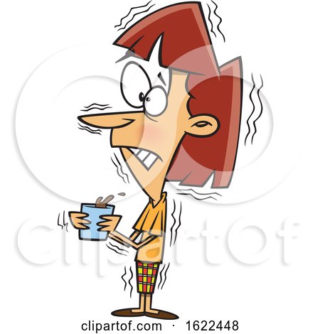 Clipart of a Cartoon Jittery Woman Holding a Cup of Coffee - Royalty Free Vector Illustration by toonaday