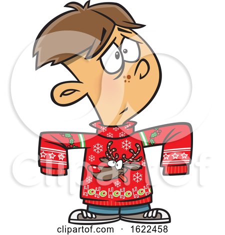 Clipart of a Cartoon Boy Wearing a Big Rudolph Christmas Sweater - Royalty Free Vector Illustration by toonaday