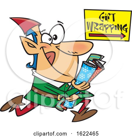 Clipart of a Cartoon Christmas Elf Running to Wrap Gifts - Royalty Free Vector Illustration by toonaday