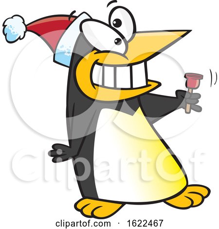 Clipart of a Cartoon Christmas Penguin Bell Ringer - Royalty Free Vector Illustration by toonaday