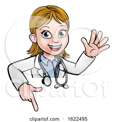Doctor Cartoon Character Above Sign Pointing by AtStockIllustration
