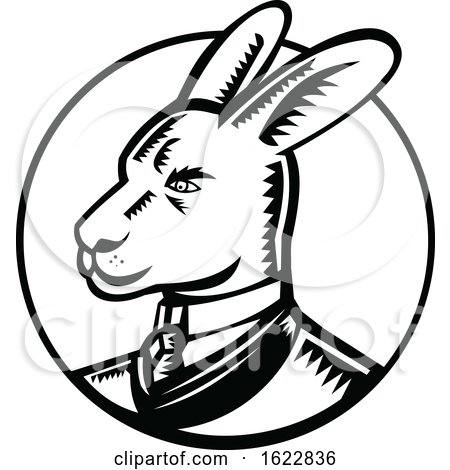 Wallaby Wearing Business Suit Circle Woodcut Black and White by patrimonio