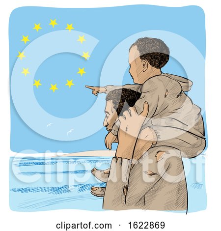 Migrant Father Carrying His Pointing Son on His Shoulders over an European Flag by Domenico Condello