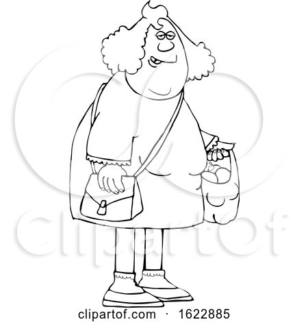 Cartoon Black and White Chubby Woman Carrying a Shopping Bag Full of Apples and Oranges by djart