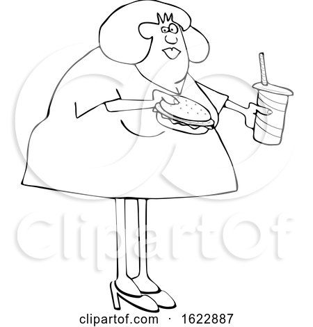 Cartoon Black and White Chubby Woman Eating a Burger and Holding a Soda by djart