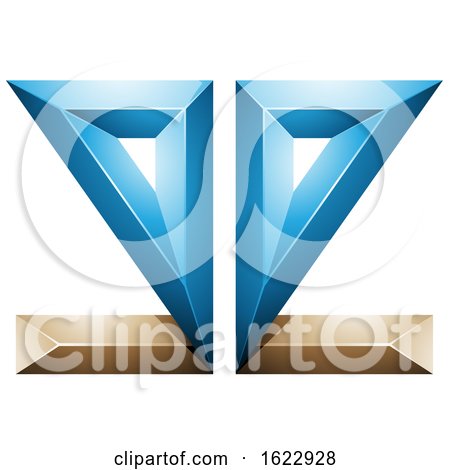 Blue and Beige or Gold 3d Geometric Mirrored Letter E by cidepix