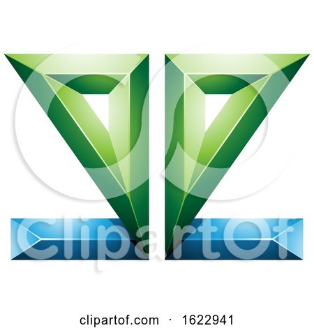 Blue and Green 3d Geometric Mirrored Letter E by cidepix