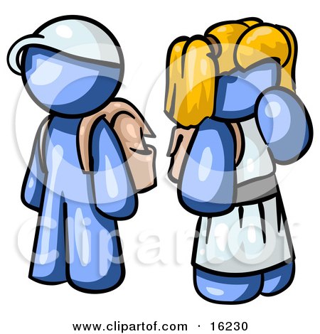 Blue Boy Wearing A Hat And Carrying A Backpack, Standing Beside A Blond Blue Girl In A Dress, Who Is Also Carrying A Backpack And Holding Her Hand By Her Mouth  Posters, Art Prints