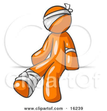 Injured Orange Man Sitting In The Emergency Room After Being Bandaged Up On The Head, Arm And Ankle Following An Accident  Posters, Art Prints