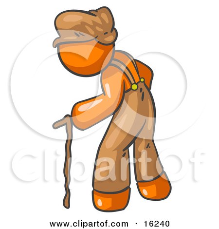 Old Senior Orange Man Hunged Over And Walking With The Assistance Of A Cane  Posters, Art Prints