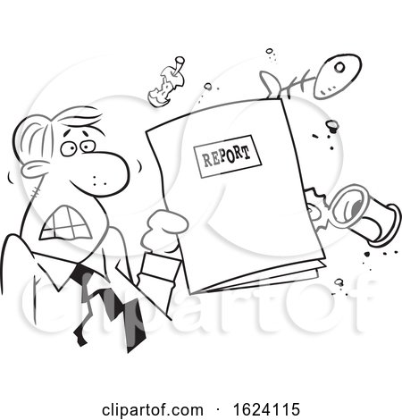Cartoon Black and White Angry Business Man Holding a Garbage Report by Johnny Sajem