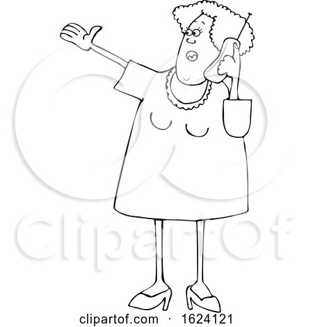 Cartoon Black and White Senior Woman Gesturing and Talking on a Cell Phone by djart