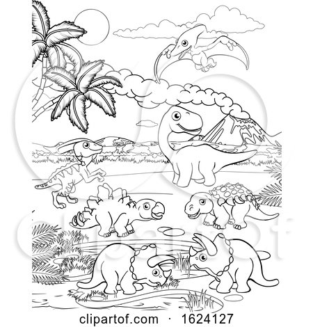 Dinosaur Cartoon Prehistoric Landscape Scene by AtStockIllustration