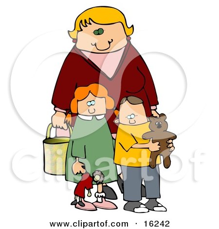 Blond Woman, A Mother, Standing Behind Her Two Children, A Red Haired Girl In A Green Dress Who Is Carrying Her Doll, And A Boy, Her Son, Who Is Wearing A Yellow Shirt And Carrying His Teddy Bear Clipart Illustration Graphic by djart