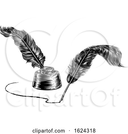 Two Quill Feather Pens and Inkwell by AtStockIllustration